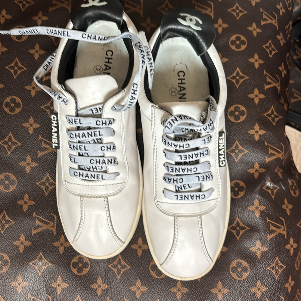 CHANEL White and Black Logo Sneakers